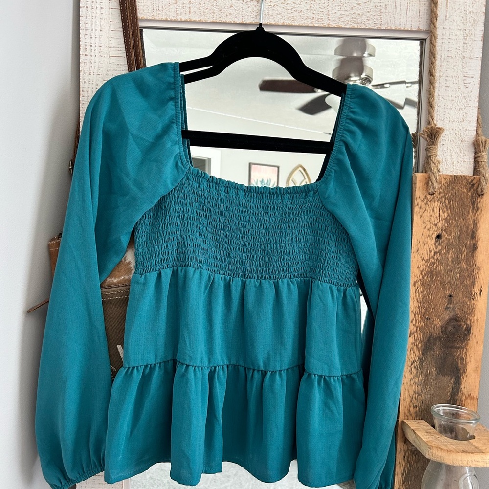 Teal Smocked Long Sleeve Women's Top